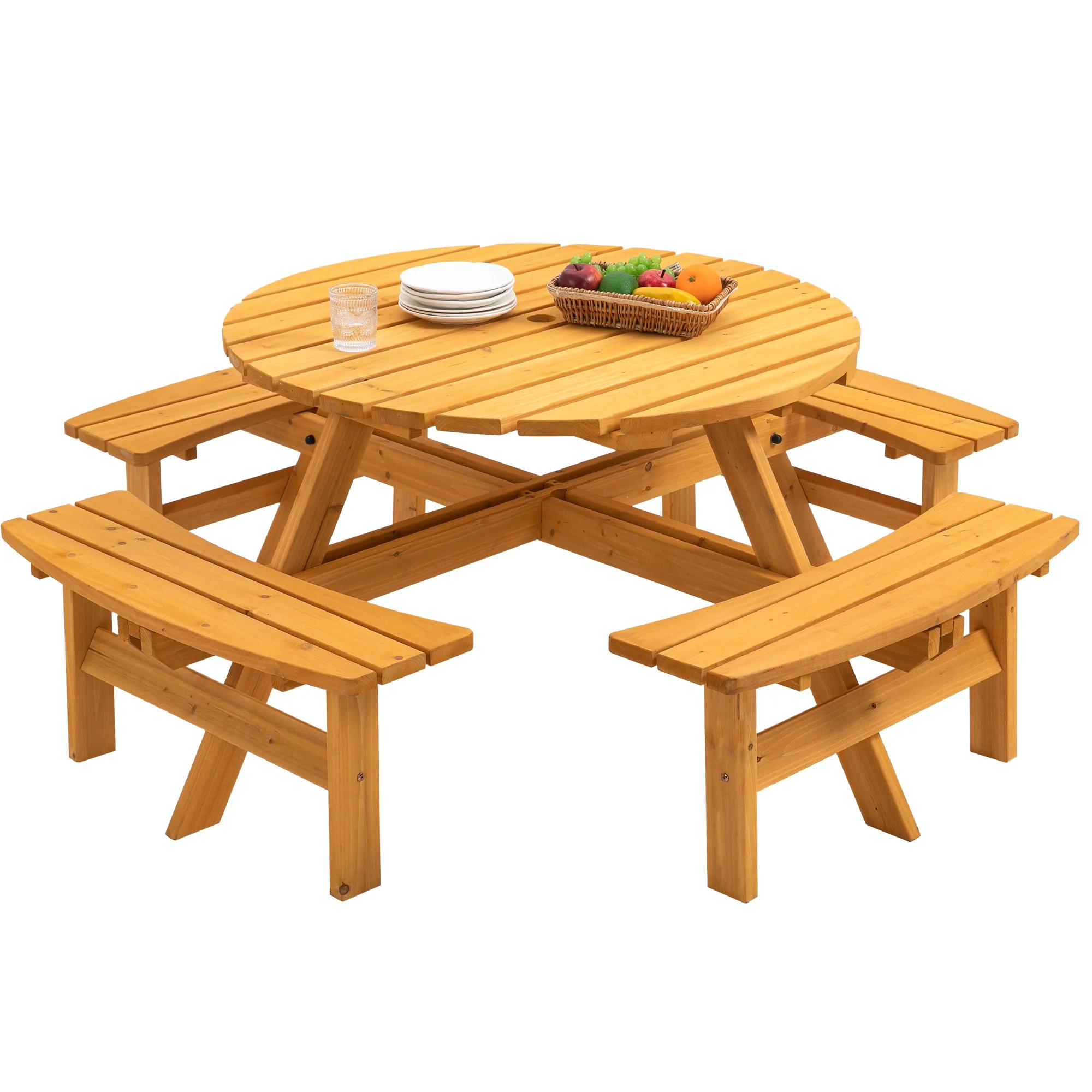 8-Person Round Wooden Picnic Table with Seat, Outdoor Camping Dining Table with 4 Built-in Benche... | Walmart (US)
