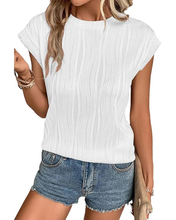 Womens Summer Tops Textured Knit T Shirts Cap Sleeve Casual Loose fit Tank Top       Send to Logi... | Amazon (US)
