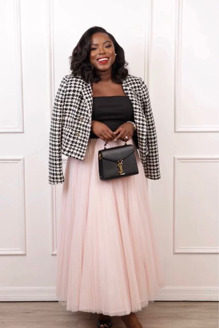 Valentine's Day Outfit 
Midi skirt, tulle skirt, houndstooth jacket, classic style 

#LTKmidsize #LTKstyletip