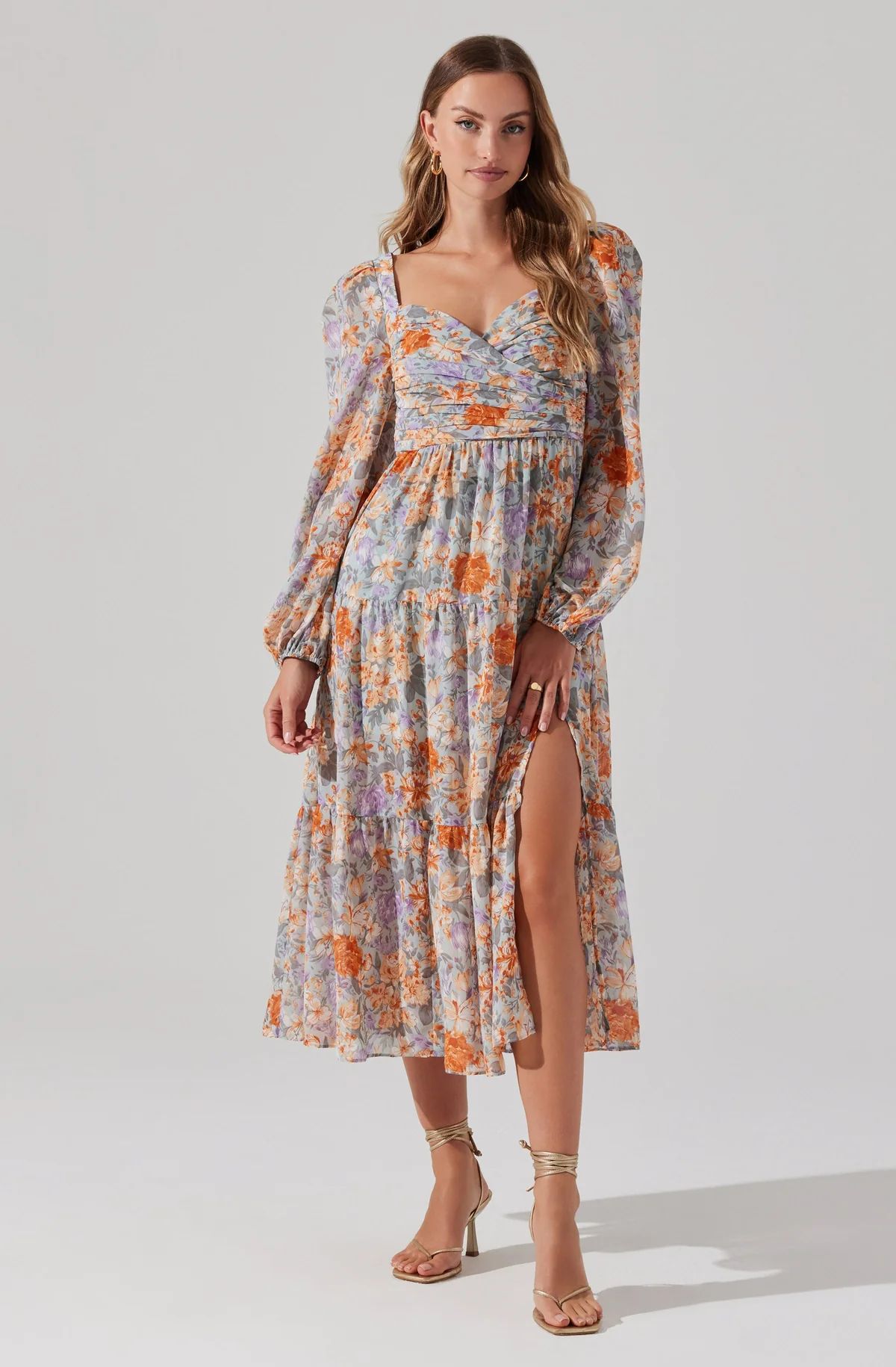 Floral Pleated Surplice Puff Sleeve Midi Dress | ASTR The Label (US)