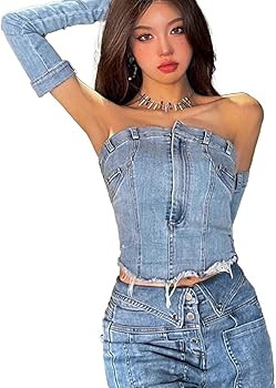 Ypser Women's Denim Corset Top Denim Top Push Up Bustier Tube Top with Denim Gloves Streetwear | Amazon (US)