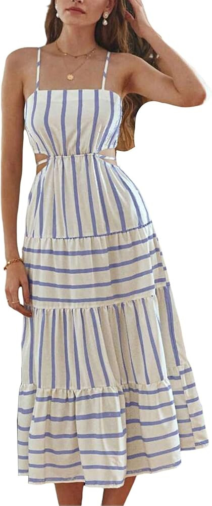 SOLILOQUY Women’s Striped Boho Maxi Dress Sleeveless Strappy Cutout Backless Ruffle Flowy Long ... | Amazon (US)
