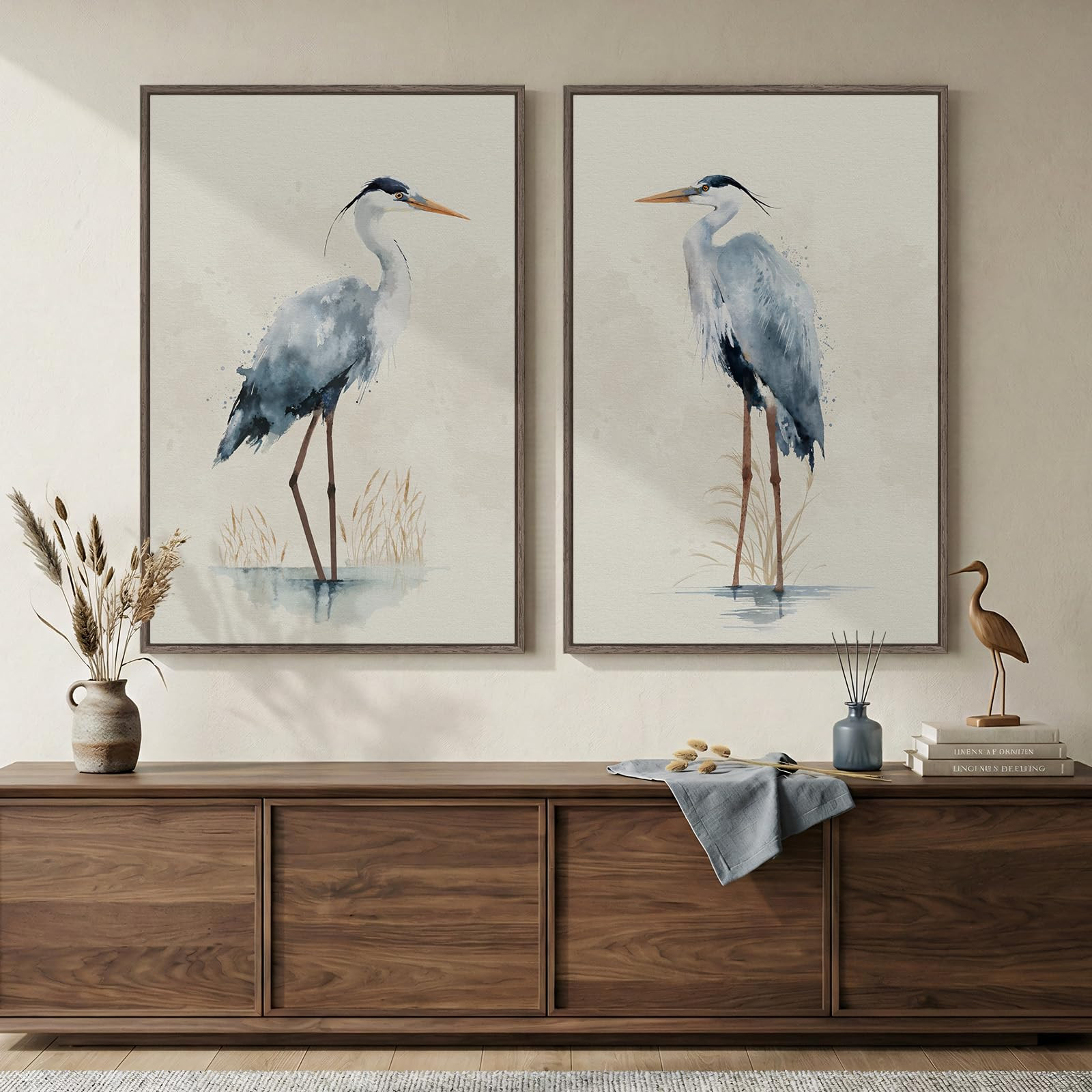 Large Framed Vintage Bird Wall Art, 2 Piece Neutral Blue Heron Canvas Painting Prints, Minimalist... | Amazon (US)