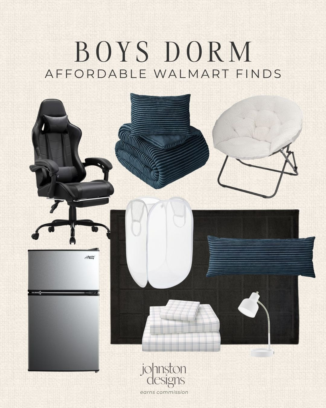 Affordable Walmart finds for a boys dorm room. 🎧 Love these practical picks for creating a comfortable college setup, including a gaming chair, mini fridge, cozy bedding, foldable hamper, desk lamp, rug, pillows, and extra seating.


Walmart, boys dorm, dorm room finds, college essentials, gaming chair, mini fridge, twin bedding, foldable hamper, desk lamp, black rug, floor chair, saucer chair, navy pillow, dorm decor, back to school, college apartment, small space living, affordable furniture, student room, campus move in 

 #LTKU #LTKHome #LTKKids