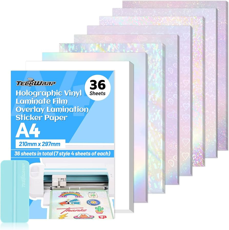 TECKWRAP Holographic Sticker Paper Clear Overlay Lamination Vinyl Matte White Inkjet Printable Vi... | Amazon (US)