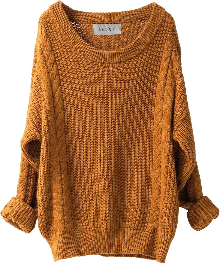 LINY XIN Women's 2023 Oversized Fall Winter Warm Crewneck Long Sleeve Knit Cable Long Pullover Me... | Amazon (US)