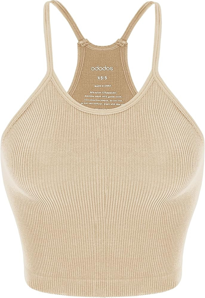 ODODOS Women's Crop Seamless Rib-Knit Camisole Strappy Racerback Cropped Tank Tops | Amazon (US)