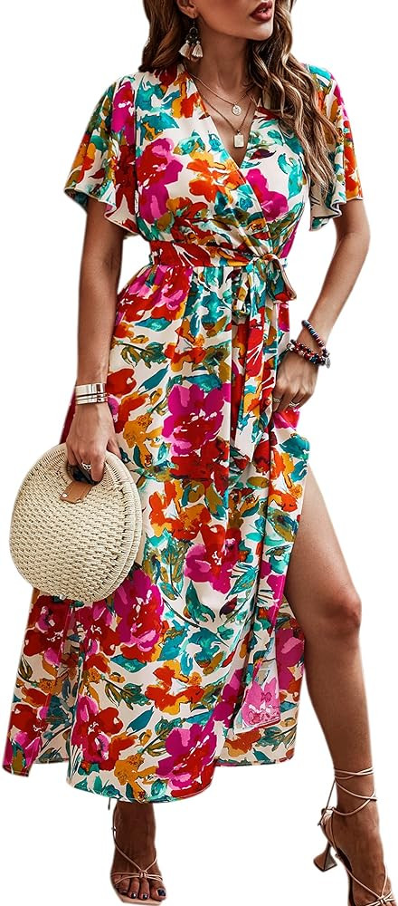CCTOO Women's Summer Maxi Dress Casual Boho Floral Wrap V Neck Short Sleeve Ruffle Split Flowy Lo... | Amazon (US)