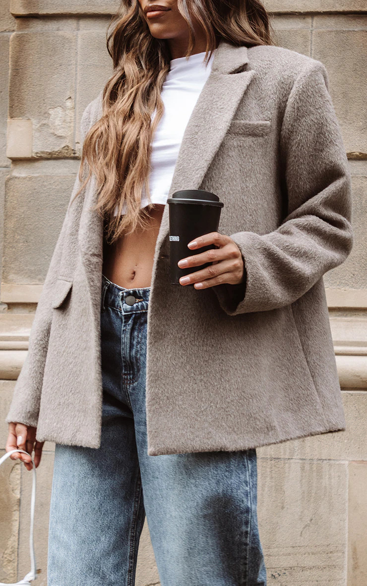 Mink Textured Wool Look Oversized Blazer | PrettyLittleThing US