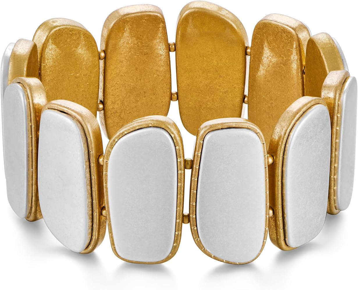 Two Tone Chunky Stretch Bangle Bracelet for Women Gold Silver Stretch Elastic Adjustable Chain Br... | Amazon (US)