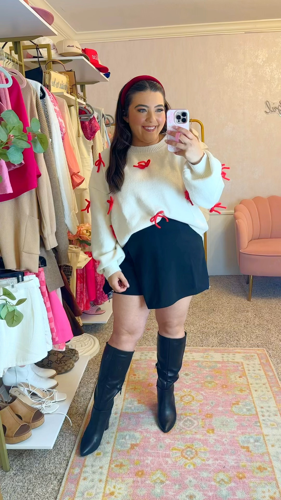 Loving this cutie holiday outfit! Did I mention the sweater is super soft & cozy! 🥰 wearing a L in the sweater and skort. 7.5 in the boots (wide calf) 

#LTKMidsize #LTKHoliday #LTKSeasonal
