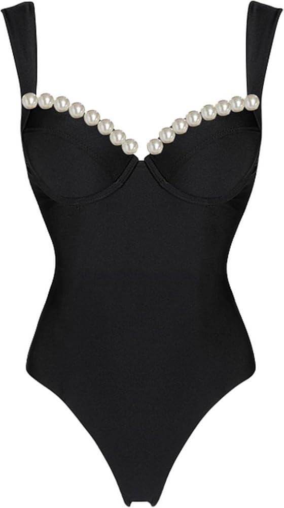FLAXMAKER Black Double Shoulder Straps Chest Pearl One Piece Swimsuit and Skirt | Amazon (US)