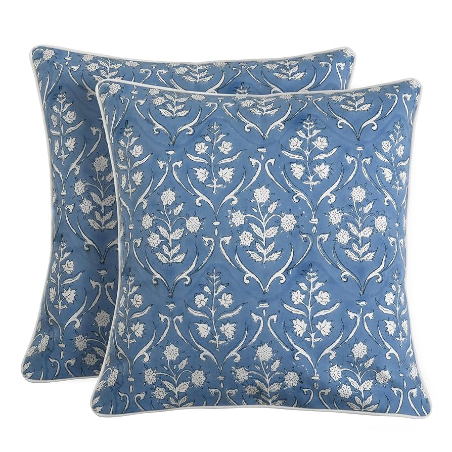 Ridhi Hand Block Print 18x18 Baby Blue Decorative Outdoor Couch Throw Canvas Pillow Cover Set of ... | Amazon (US)