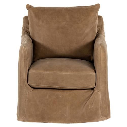 Dayana Modern Classic Brown Upholstered Leather Swivel Arm Chair | Kathy Kuo Home