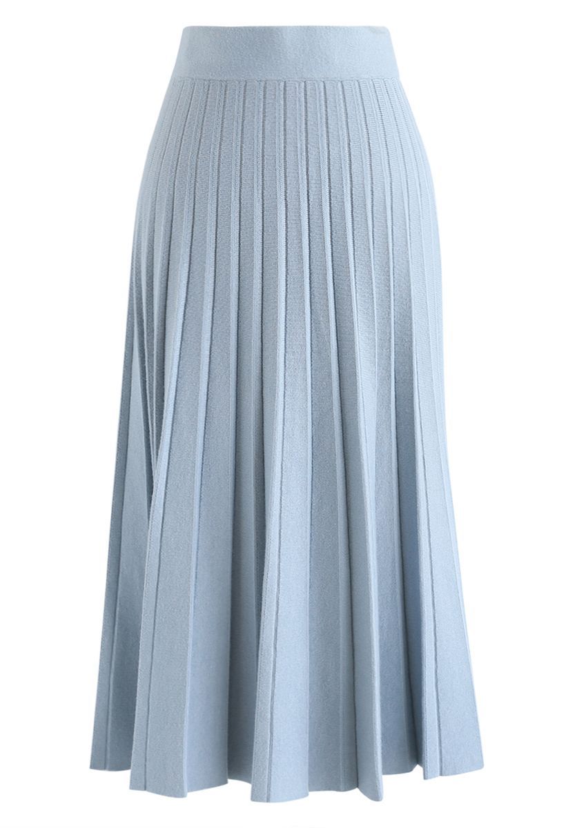 A-Line Pleated Knit Midi Skirt in Blue | Chicwish