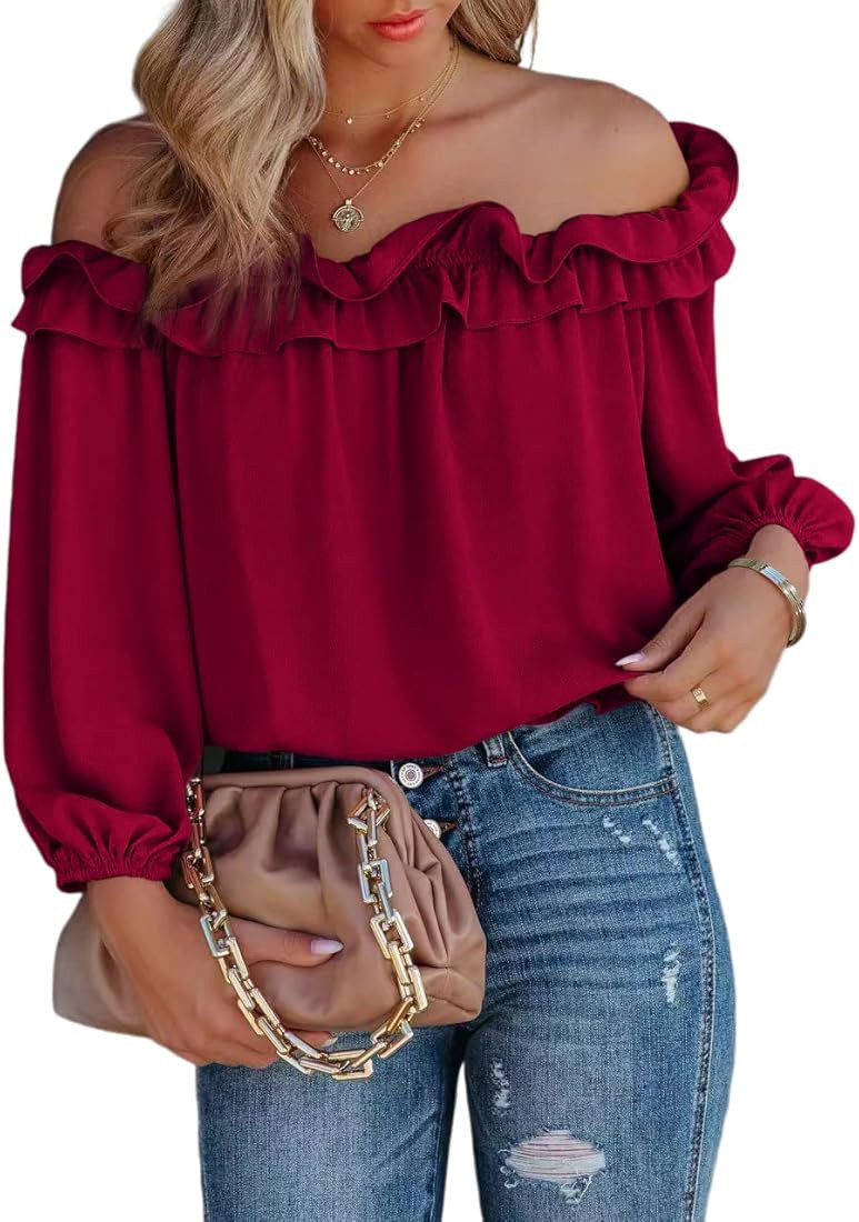 Womens Casual Off Shoulder Tops Long Sleeve Ruffle Flowy Chiffon Blouses Shirts | Amazon (US)