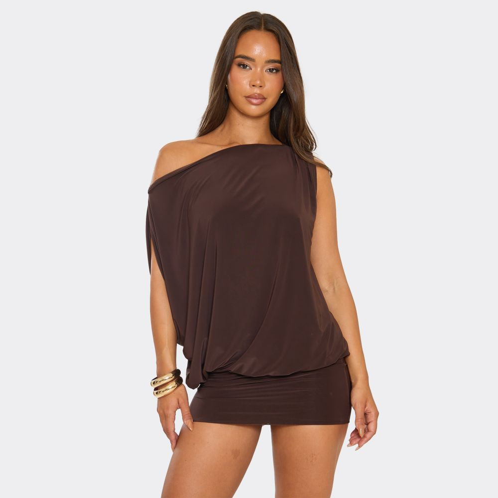 Off The Shoulder Draped Asymmetric Mini Dress In Chocolate Brown | EGO (UK)