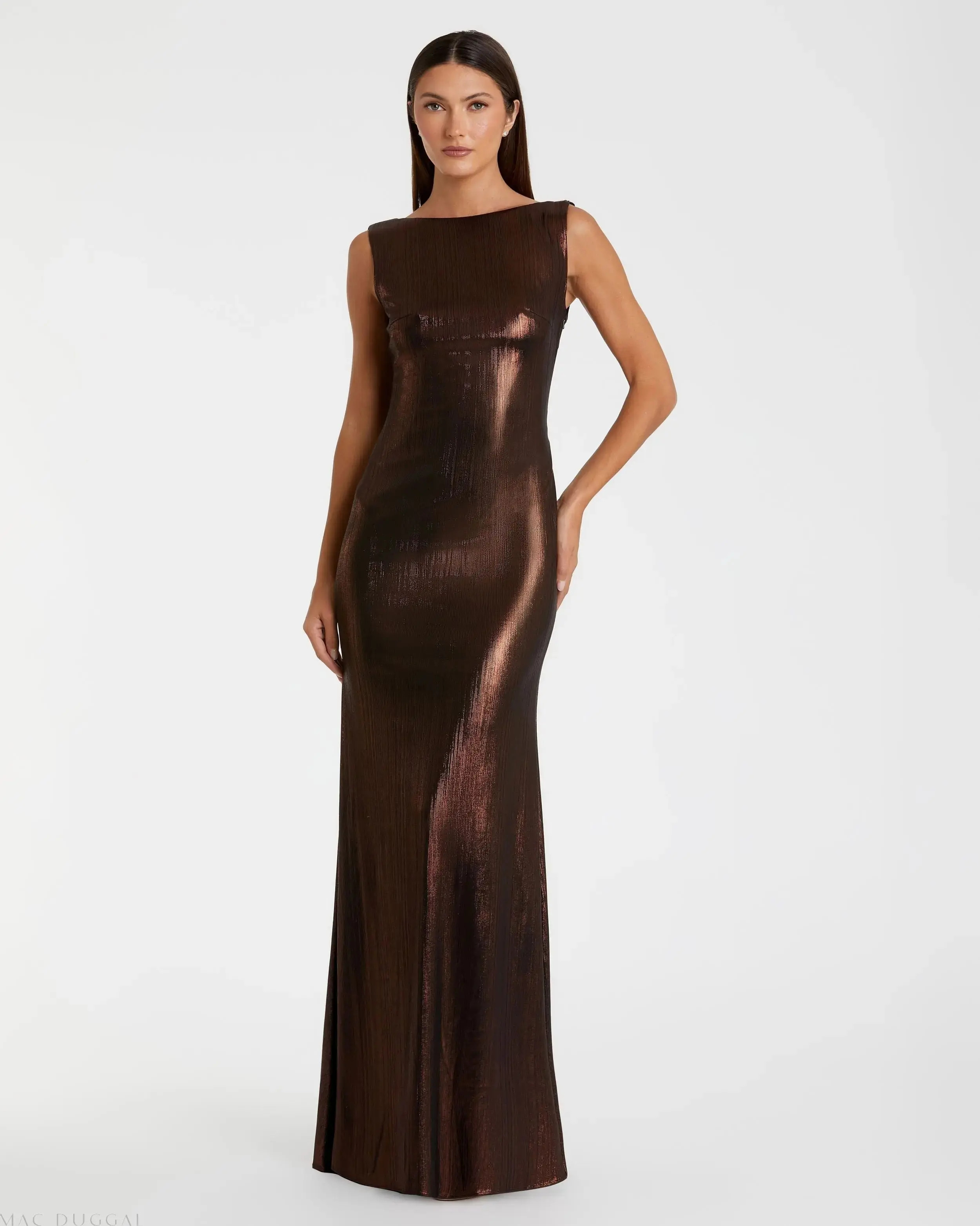 Brown Metallic Jersey Cowl Back Column Gown - Mac Duggal | Mac Duggal