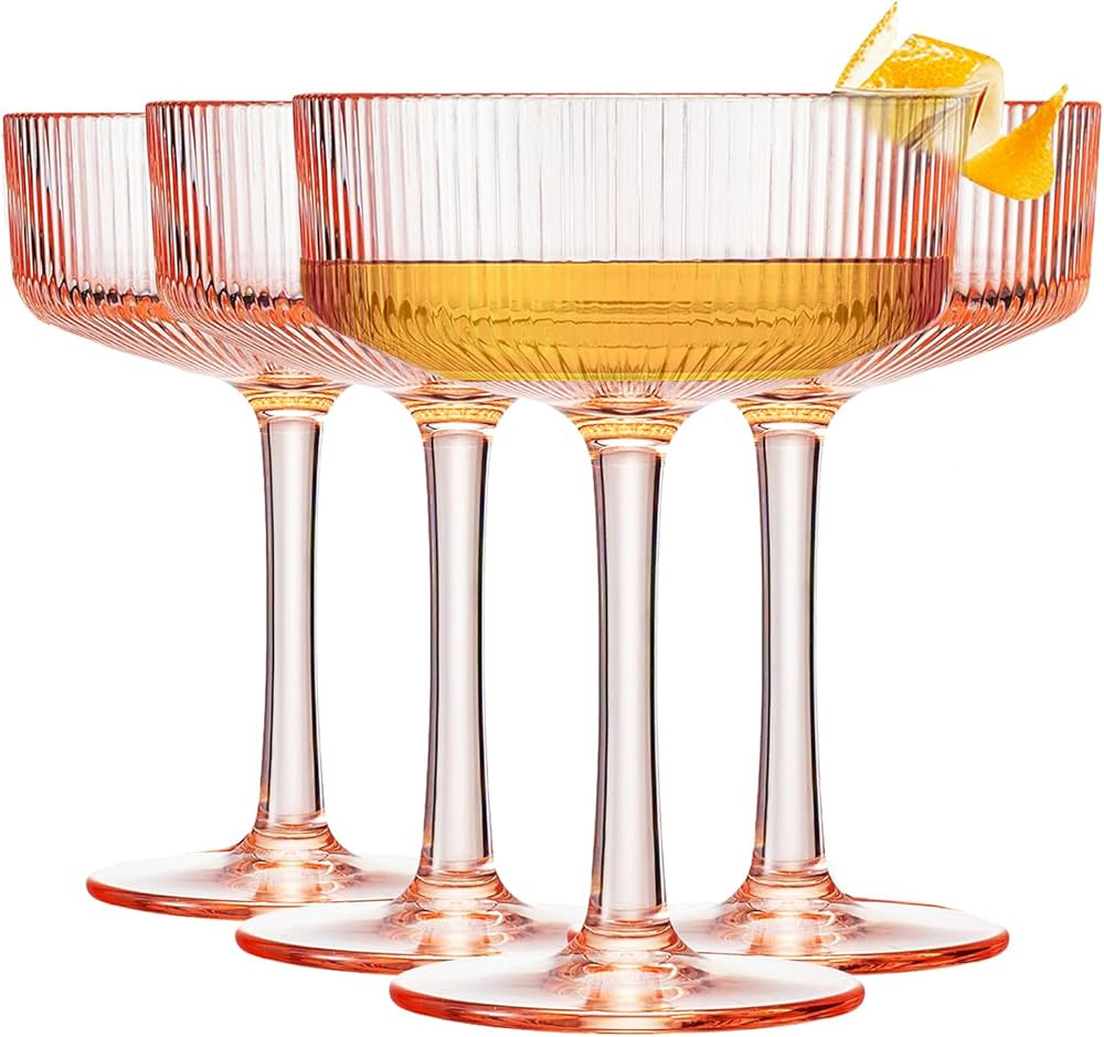 Shatterproof Acrylic Ribbed Vintage Art Deco Martini, Champagne & Cocktail Pink Color Plastic Tri... | Amazon (US)