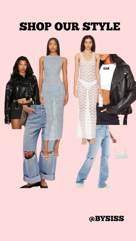 Mesh dresses, wide leg ripped denims, leather jackets #revolve #freepeople #prettylittlething 💕💕 check our ig @bySiss for how we wear it xx 
.
Happy day lovelies 🎀🎀


#LTKstyletip #LTKFestival #LTKU