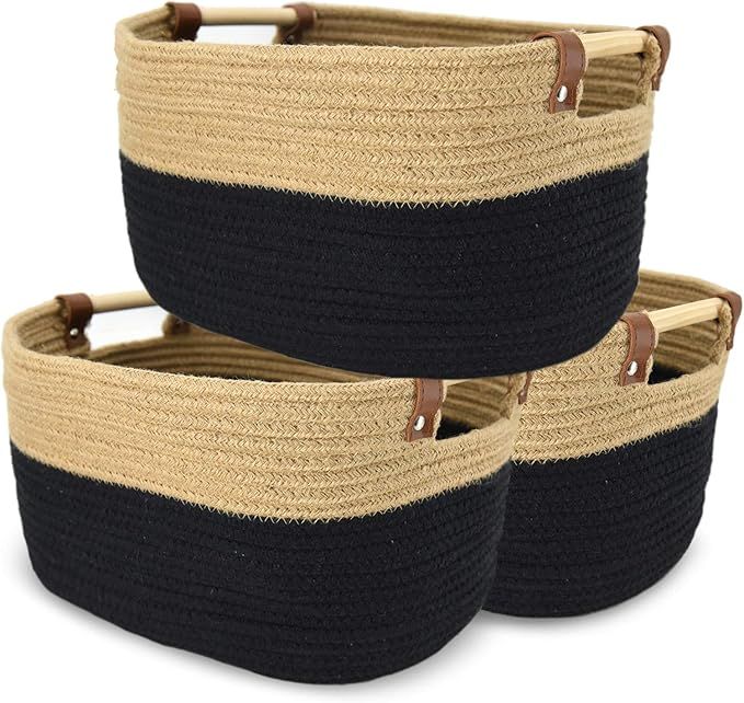 Cotton Rope Woven Storage Baskets Bin Set of 3, Collapsible Cotton Rope Storage Baskets with Hand... | Amazon (US)