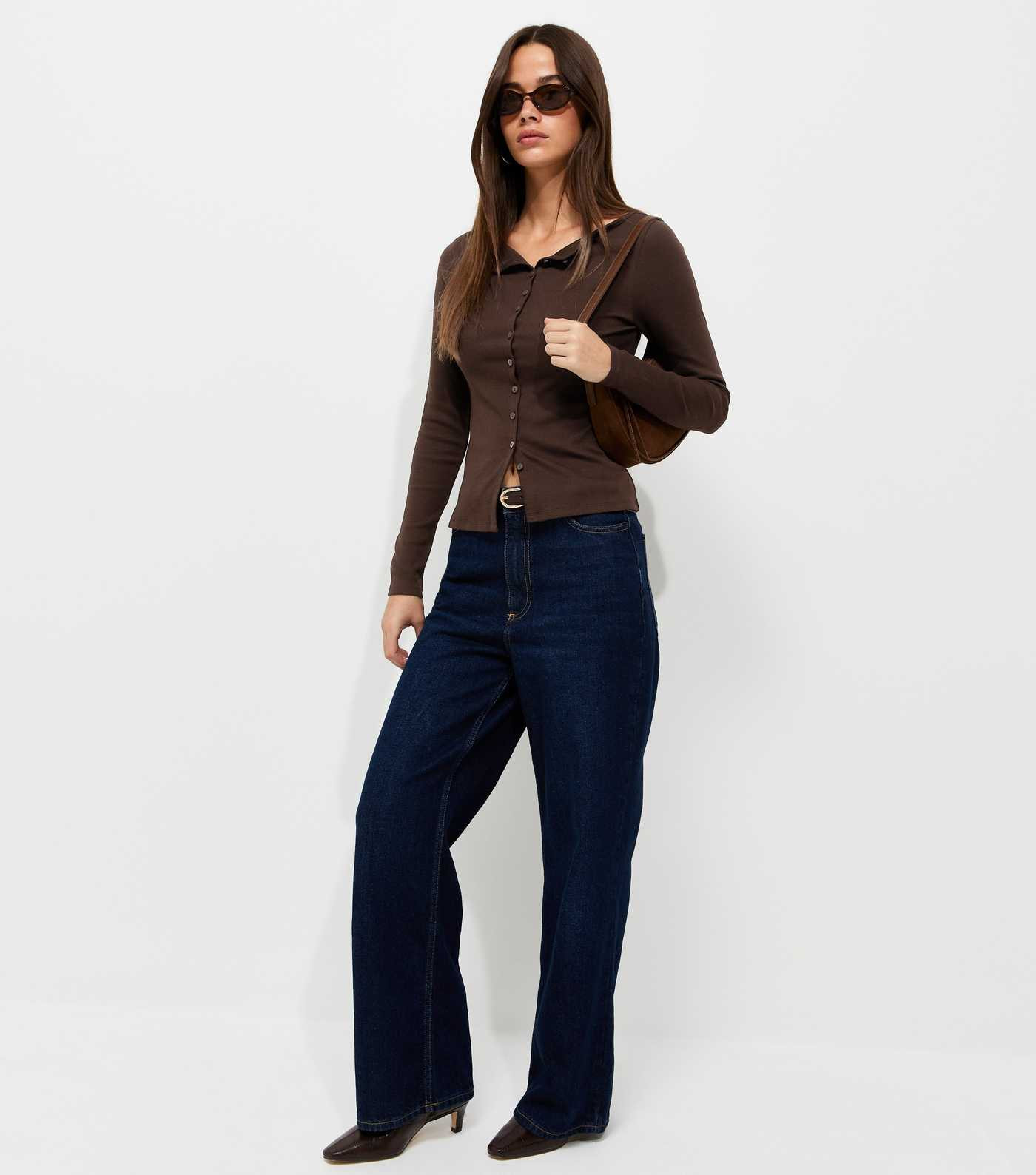 Dark Brown Rib Button Through Slash Neck Long Sleeve Top | New Look | New Look (UK)