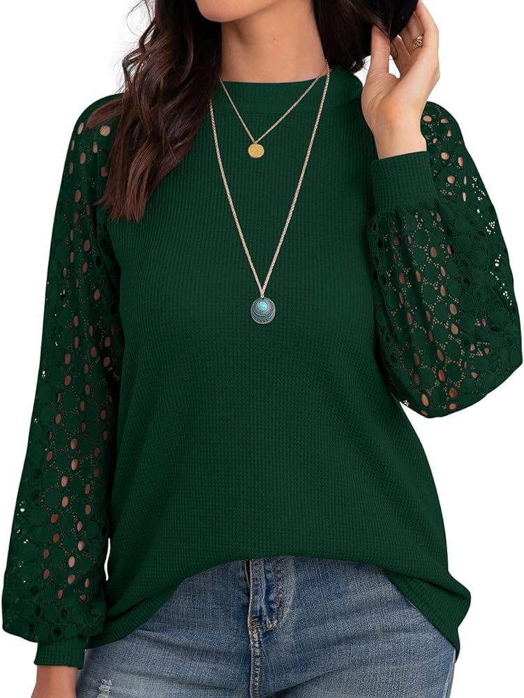 IWOLLENCE Women's Waffle Knit Blouse Ballon Long Sleeve Lace Tops Casual Loose T Shirts | Amazon (US)