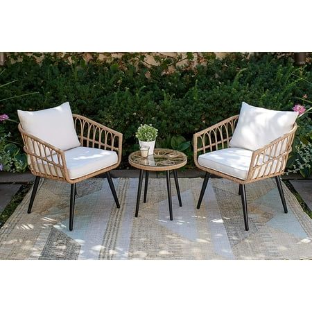 Quality Outdoor Living 65-YZ03HM Hermosa 3 Piece Chat Set, Tan Wicker + Linen Cushions | Walmart (US)