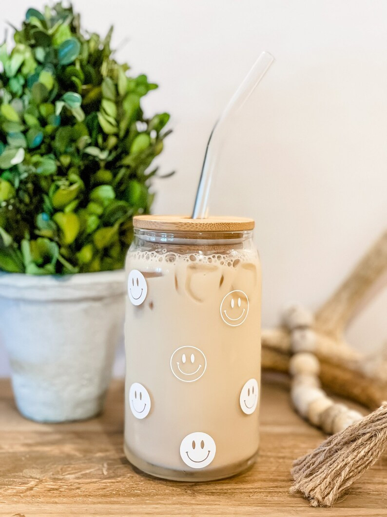 Smiley Glass Cup | Iced Coffee Glass | Glass Coffee Cup | 16 oz | Beer Can Glass | Boho Tumbler | Etsy (US)