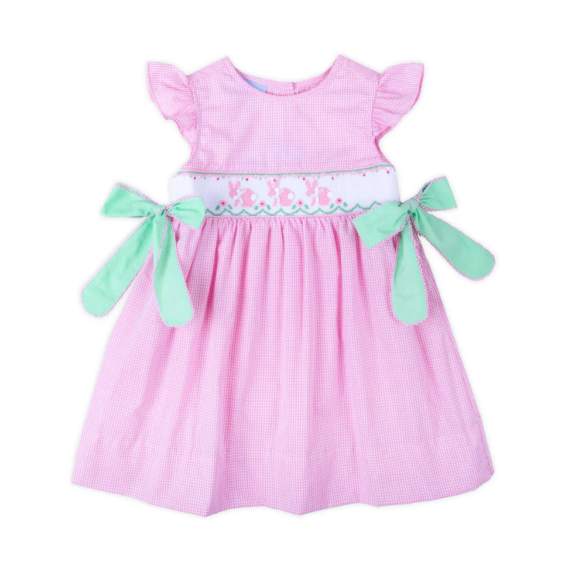 Easter Bunny Smocked Pink Gingham Side Tie Dress | Classic Whimsy