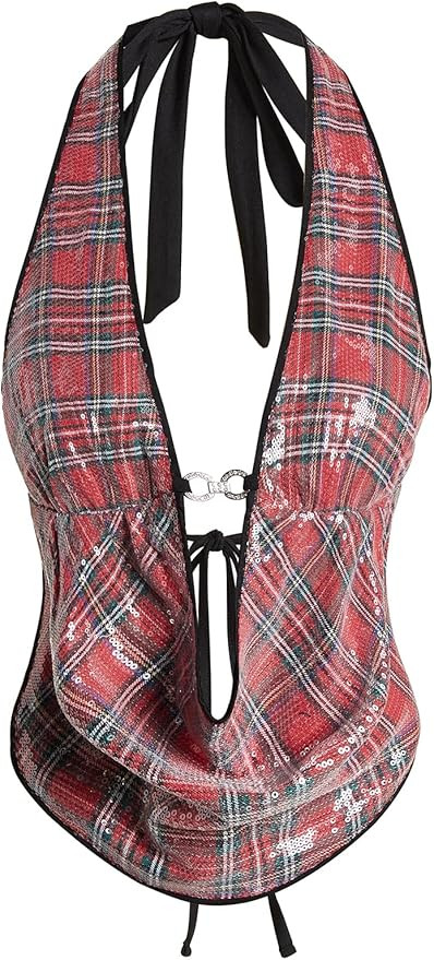 Verdusa Women's Cheetah Print Sequin Top Y2K Tie Back Corset Halter Going Out Crop Tops | Amazon (US)