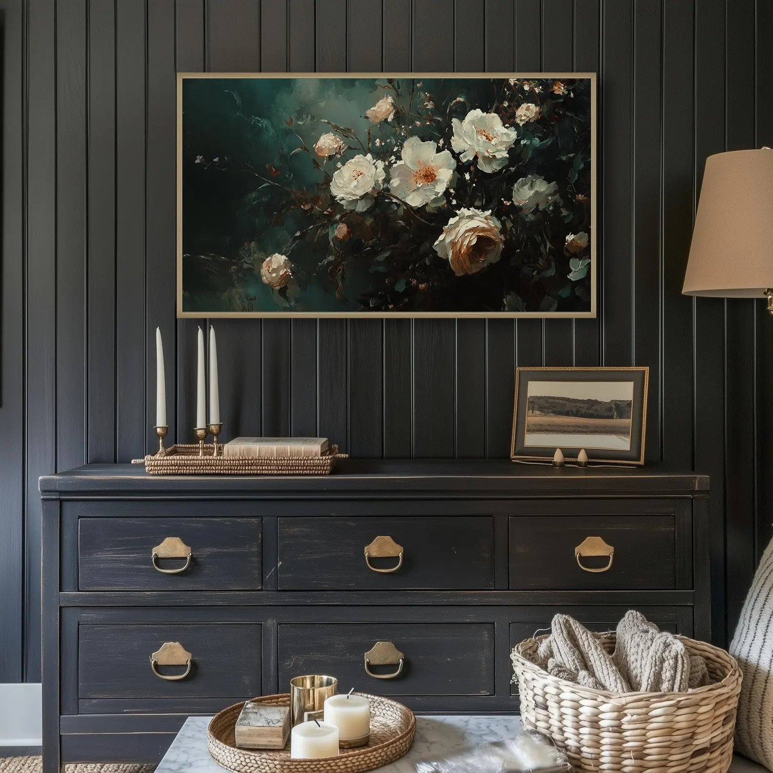 Dark Floral Painting for Samsung Frame TV Vintage White Roses Artwork Antique Botanical Oil Paint... | Etsy (US)