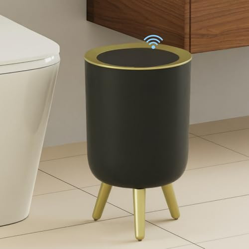 URALFA Motion Sensor Trash Can, Automatic Bathroom Trash Can with Lid, Touchless Garbage Can with Legs, Small Waste Basket for Bedroom, Toilet, Office, 1.8 Gallon, Black and Gold | Amazon (US)