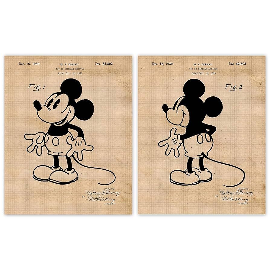 Vintage Mickey Patent Prints, 2 (8x10) Unframed Photos, Wall Art Decor Gifts for Home Walter Disn... | Amazon (US)