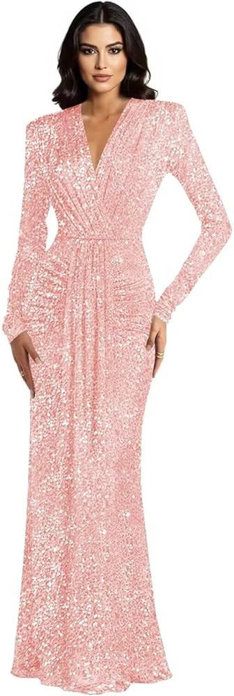 Sparkly Sequin Velvet Bridesmaid Dresses for Women Long Sleeve Prom Dress Mermaid V Neck Formal E... | Amazon (US)