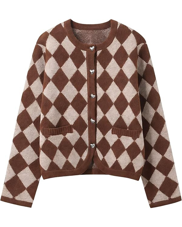 Chevara Women’s Classic Argyle Knitted Cardigan Long Sleeve Crewneck Button Up Cardigans Sweate... | Amazon (US)