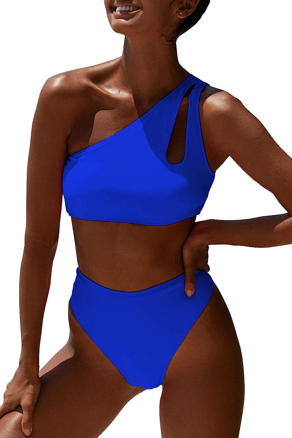 Womens Crop Top Swimsuit High Waisted One Shoulder Sports Bikini Two Piece Push Up Bathing Suit | Amazon (US)