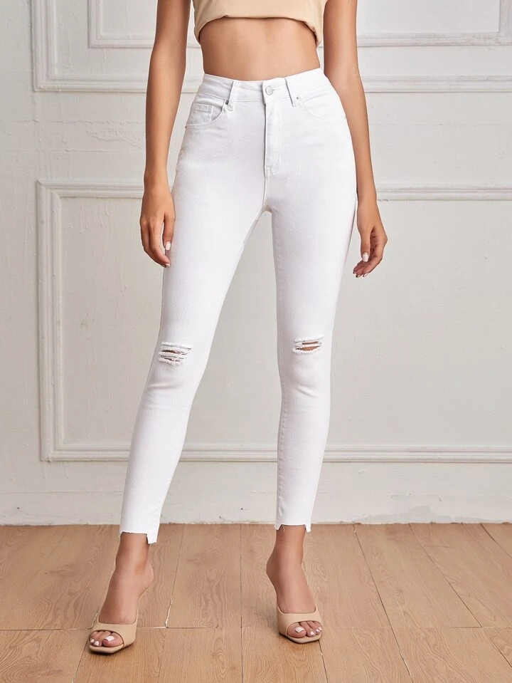 SHEIN Essnce High Waist Ripped Raw Hem Skinny Cropped Jeans | SHEIN