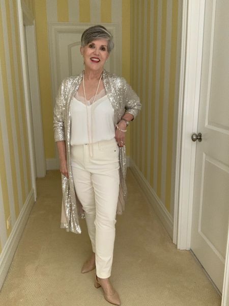 Great New Year’s Eve look! Silver duster (s)/ivory cami (s)/ivory pants (6)/nude pumps (8)/pearls

#LTKstyletip #LTKSeasonal #LTKHoliday