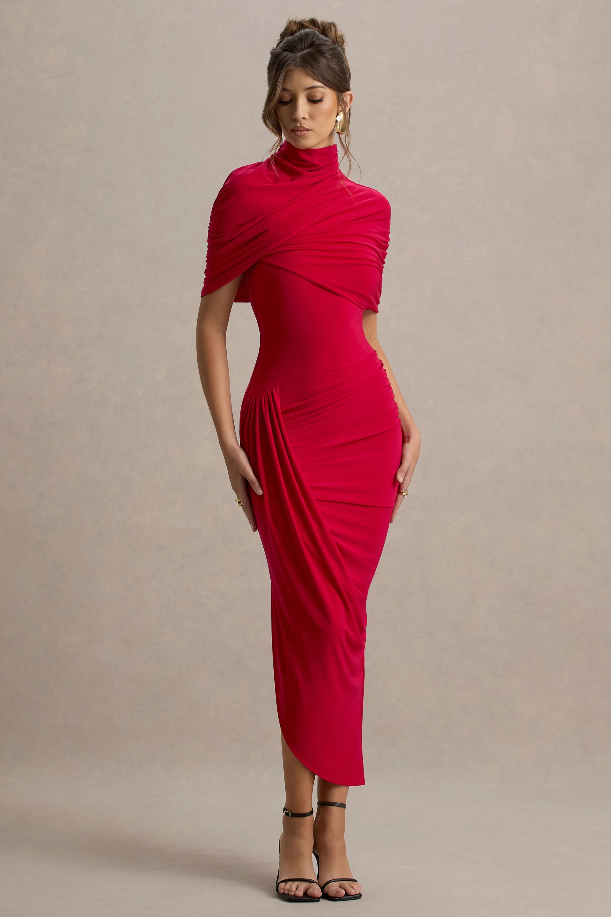Enchant | Red Asymmetric Twisted Cape Midi Dress | Club L London