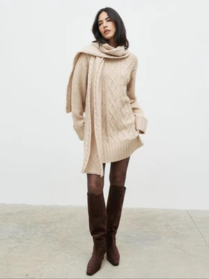 Larna Cable Knit Mini Dress with Scarf - Beige Marl | Pretty Lavish (UK)