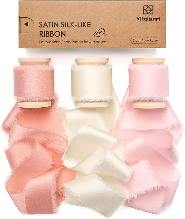 Vitalizart Silk Satin Ribbon 1 Inch x 15 Yard Wooden Spool Pink Handmade Frayed Ribbon for Gift W... | Amazon (US)