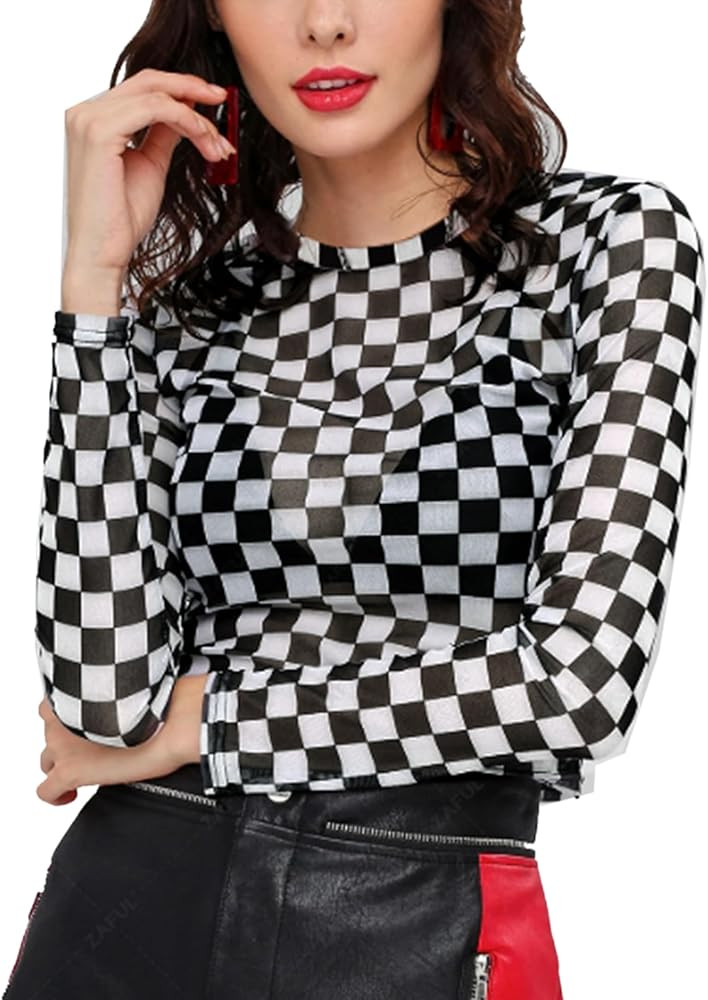 Floral Mesh Top for Women Crew Neck Long Sleeve See Through Tee Shirts Fitted Sexy Going Out Tops | Amazon (US)
