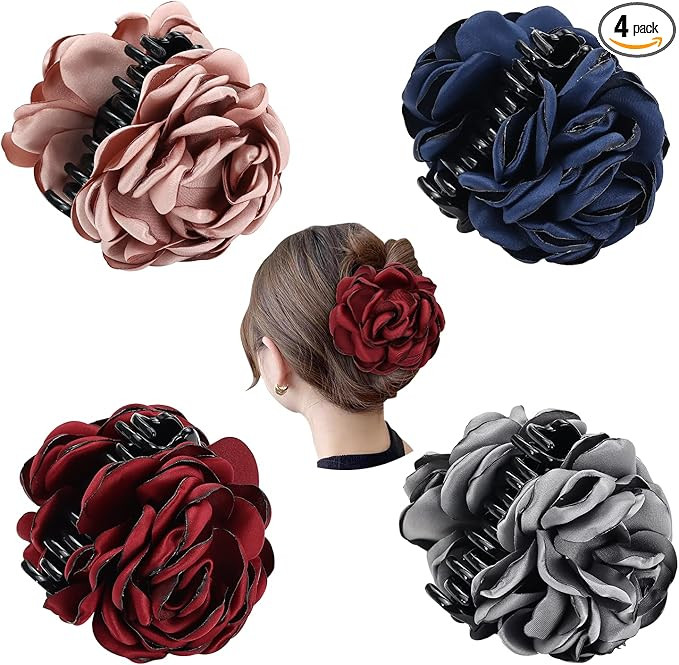 Cinaci 4 Pack Black Plastic Hair Claws with Big Large Rose Flower Floral Bow Clips Barrettes Clam... | Amazon (UK)