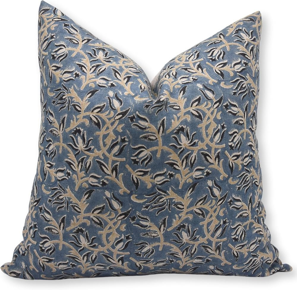 Fabritual Block Print Thick Linen White 18x18 Throw Pillow Covers, Decorative Handmade Pillow Cov... | Amazon (US)