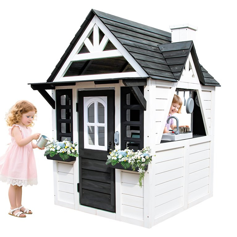 iRerts Outdoor Playhouse, Wooden Playhouse for Kids Play House with Front Door, Flower Pot Holder... | Walmart (US)