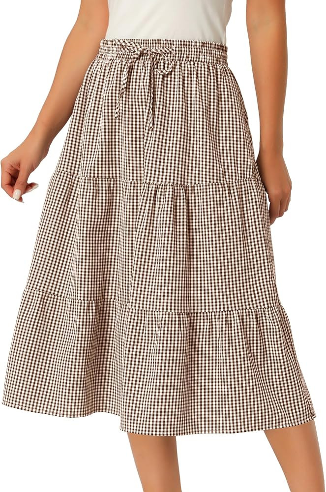 Seta T Women's Gingham Skirt Summer Casual Drawstring Waist Tiered Plaid A-Line Midi Skirts with ... | Amazon (US)