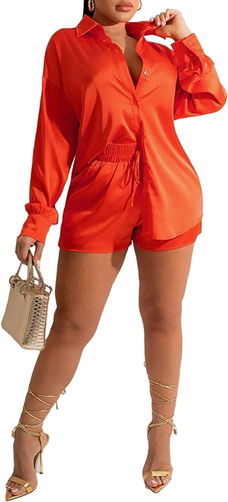 Ophestin 2 Piece Outfits Short Set Stripe V Neck Long Sleeve Button Shirt and Mini Shorts Tracksuits | Amazon (US)