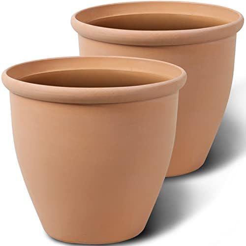 Worth Garden Terracotta Color Pots Large Round Resin Planter for Outdoor Plants 15'' Plastic Flower  | Amazon (US)