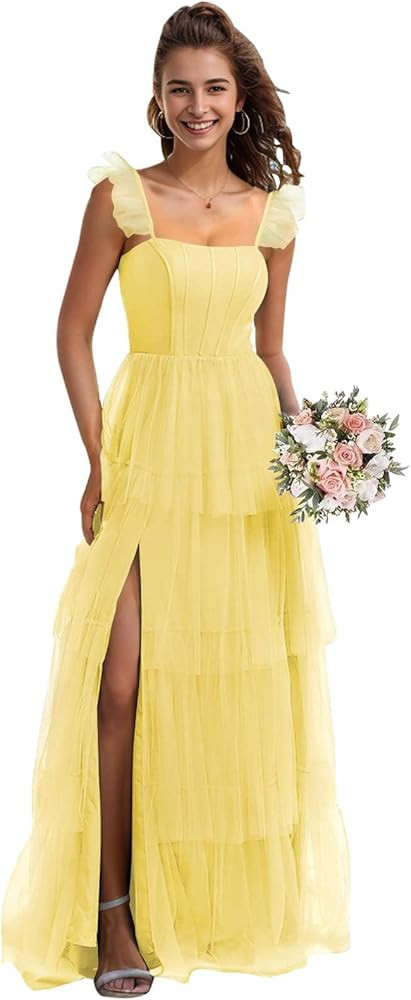 Tiered Tulle Bridesmaid Dresses for Wedding Juniors Spaghetti Straps Puffy Formal Gown with Slit | Amazon (US)